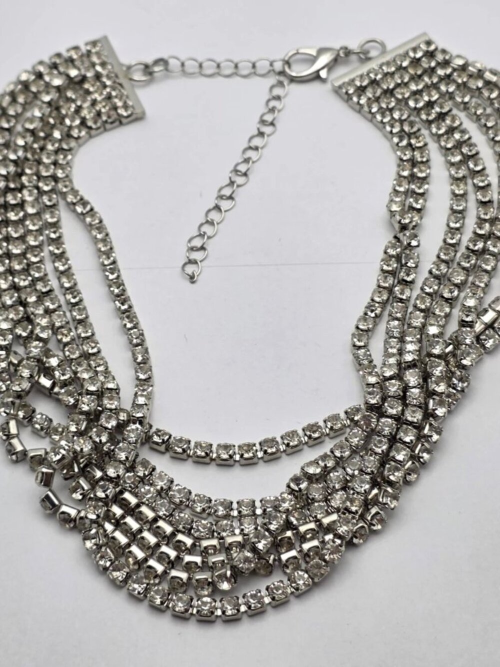 Silver Tone 7 Row Clear Rhinestone Tennis Bib Collar Necklace Statement 17 In - Picture 10 of 10